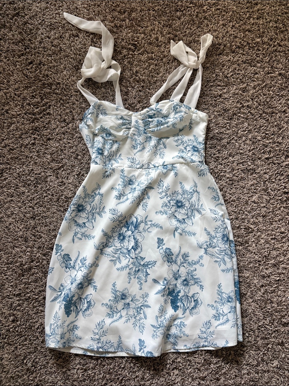 White & Blue Floral Tie-Shoulder Sundress